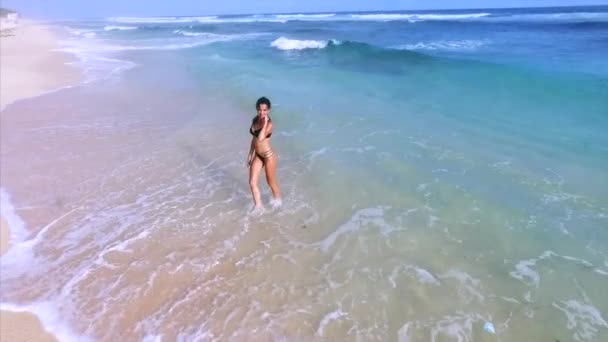 Νεαρή Ελκυστική Γυναίκα Απολαμβάνει Χαλαρώστε Στην Αμμώδη Παραλία — Αρχείο Βίντεο