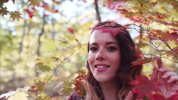 Портрет Молодой Красивой Женщины Смотрящей Камеру Улыбающейся Осеннем Парке — стоковое видео