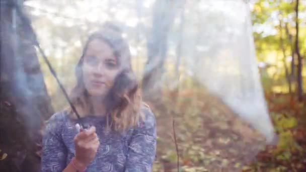 Portrait Smiling Young Woman Looking Camera Playing Transparent Umbrella Autumn — Stock Video