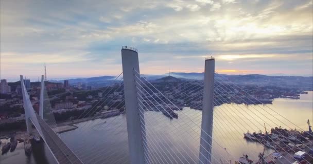 Luchtfoto Van Gouden Brug Pilaren Gouden Hoorn Baai Met Schepen — Stockvideo