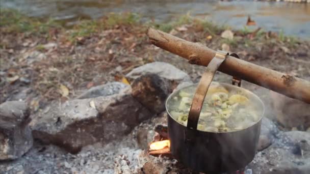 Pohled Trávu Nad Táborákem Lahodnou Rybí Polévkou Čerstvých Ryb Blízkosti — Stock video