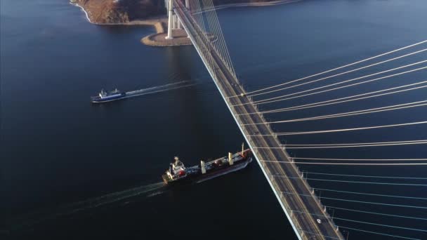 Μεγάλη Αεροφωτογραφία πλοία και φορτηγίδες επιπλέουν κάτω από Ρωσική γέφυρα. Το πρωί — Αρχείο Βίντεο