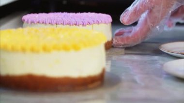 Harika peynirli kek caffee evde sürgülü görünümü kapat. Şef çok kolay bir müşteri için tabağa koyuyor