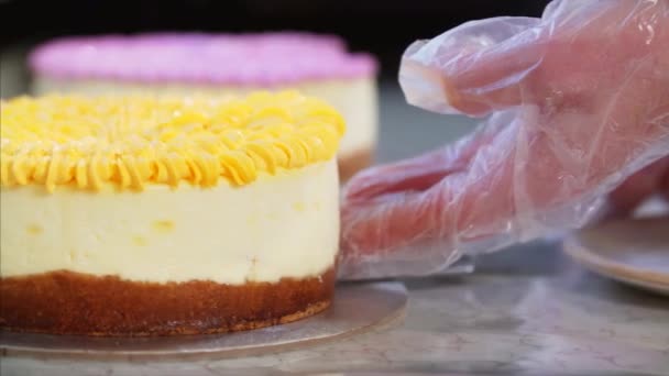 Vista Deslizante Cerca Increíbles Pasteles Queso Casa Caffee Chef Está — Vídeo de stock