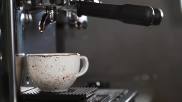 Кавоварка готує свіжу каву і вливається в чашку в ресторані — стокове відео