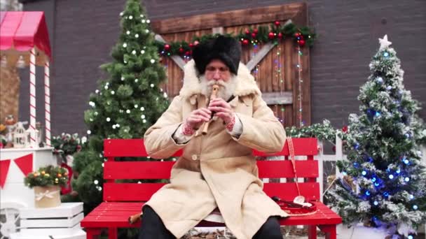暖かいコートと黒の帽子の白い髭の老人の肖像クリスマスの装飾やクリスマスツリーの間のベンチでパイプを演奏 — ストック動画