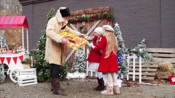 Paltolu Şapkalı Beyaz Sakallı Yaşlı Adam Noel Fuarında Kırmızı Paltolu — Stok video