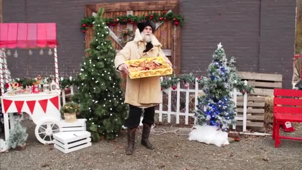 크리스마스 박람회에서 집에서 알사탕을 모자와 코트를 노인의 — 비디오