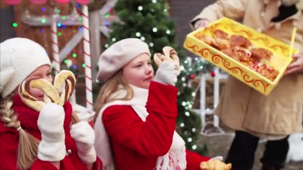 Portrait Two Cute Girls Red Coats Cracknels Christmas Fair Beautiful — Stock Video