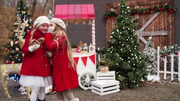 Duas Raparigas Giras Casacos Vermelhos Feira Natal Está Sussurrando Algo — Vídeo de Stock