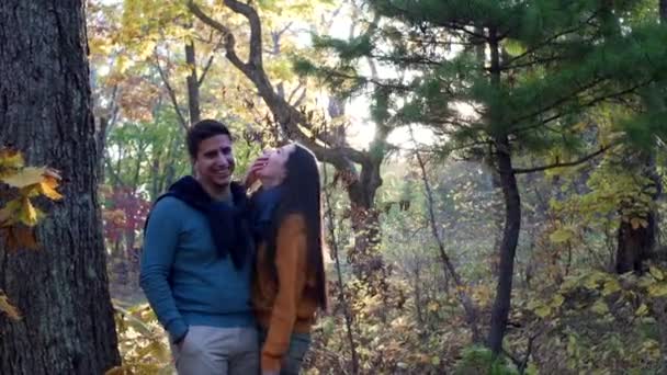 在美丽的阳光明媚的秋天的森林里 迷人的爱情青年男女在一起欢笑着 — 图库视频影像