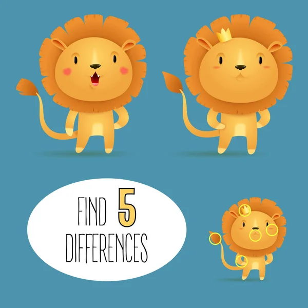 Beş farklılıklar oyun sevimli küçük aslan ile mavi arka plan üzerinde çocuklar için bulmak.