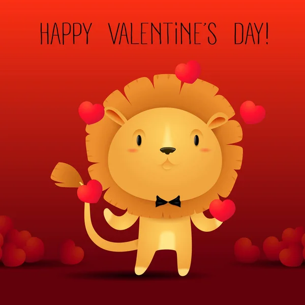 sevimli küçük turuncu aslan bir papyon jungling küçük kırmızı kalplerine bir tebrik koyu kırmızı degrade arka plan üzerinde bir Sevgililer günü kartı için 
