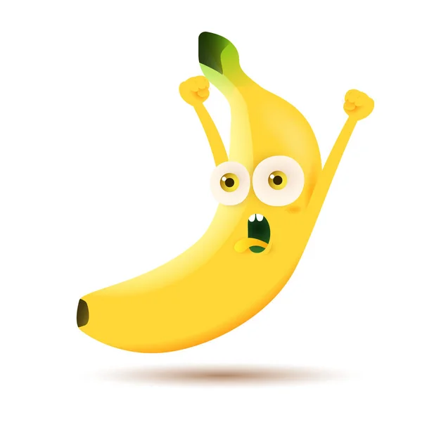 Unny Cool Yellow Excited Banana Character Screaming Hurray Hands Isolated — Stock Vector