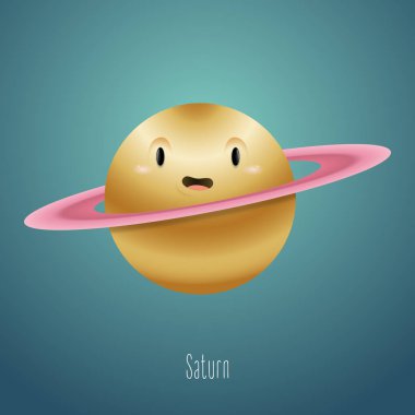 Gezegen Satürn alanı arka planda. Şirin komik karakter