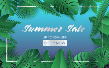 Yaz satışı büyük başlığı. Poster tropikal vektör tasarımı gümüş detaylarla bırakır.