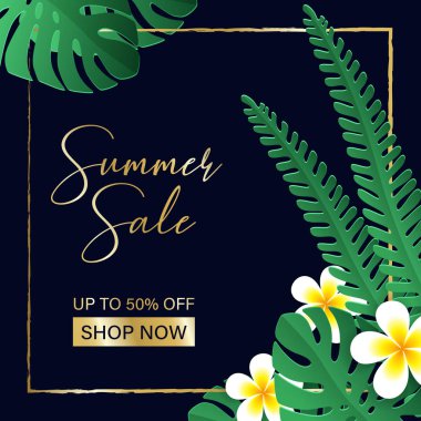 Yaz satışı büyük başlığı. Poster tropikal vektör tasarımı altın detaylarla bırakır.
