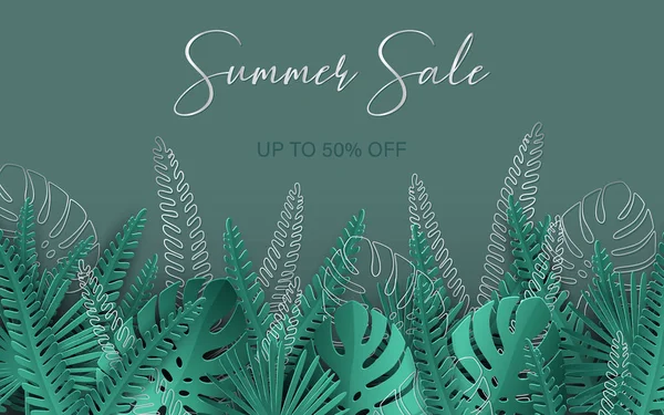 Yaz satışı büyük başlığı. Poster tropikal vektör tasarımı gümüş detaylarla bırakır.