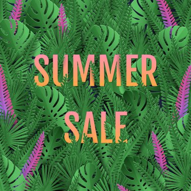 Yaz satışı büyük başlığı. Poster tropikal yaprak yaprakları degrade metin ile tasarım vektör