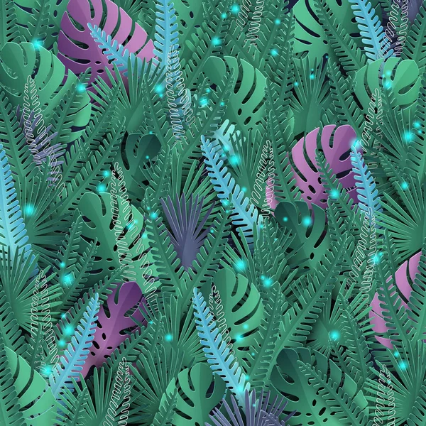 Fondo vectorial con hojas tropicales en colores mágicos con destellos de luz — Vector de stock