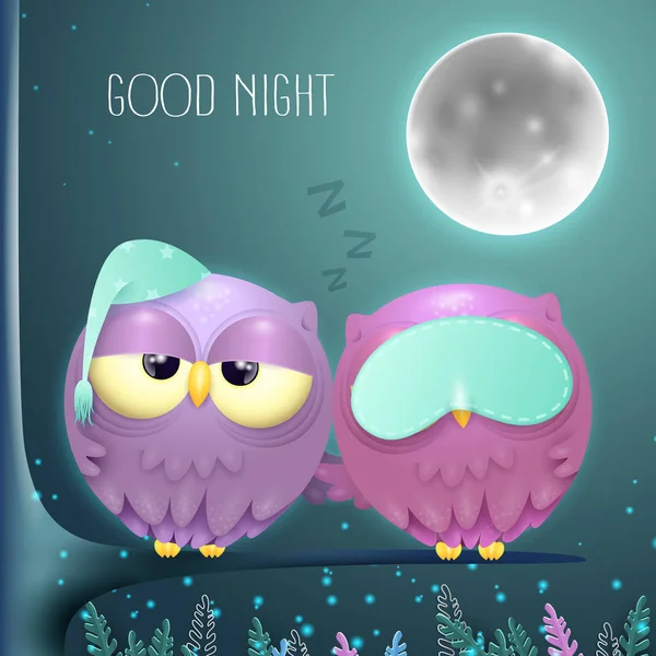 Slaperig uilen paar op een tak met een volle maan nacht achtergrond — Stockvector
