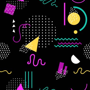 Kartpostallar için geometrik şekillerin Memphis dikişsiz deseni.