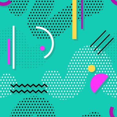 Doku ve kartpostallar için geometrik şekillerin Memphis dikişsiz desen.