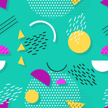 Doku ve kartpostallar için geometrik şekillerin Memphis dikişsiz desen.