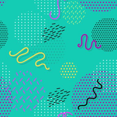 Doku ve kartpostallar için geometrik şekillerin Memphis dikişsiz desen.