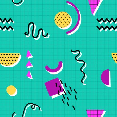 Doku ve kartpostallar için geometrik şekillerin Memphis dikişsiz desen.