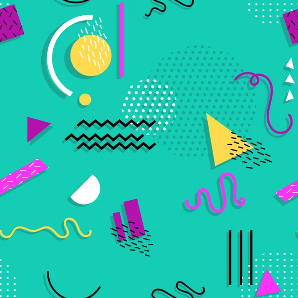 Doku ve kartpostallar için geometrik şekillerin Memphis dikişsiz desen.
