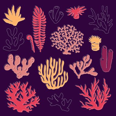 Karanlık bir arka plan üzerinde izole renkli mercan ve yosun seti.