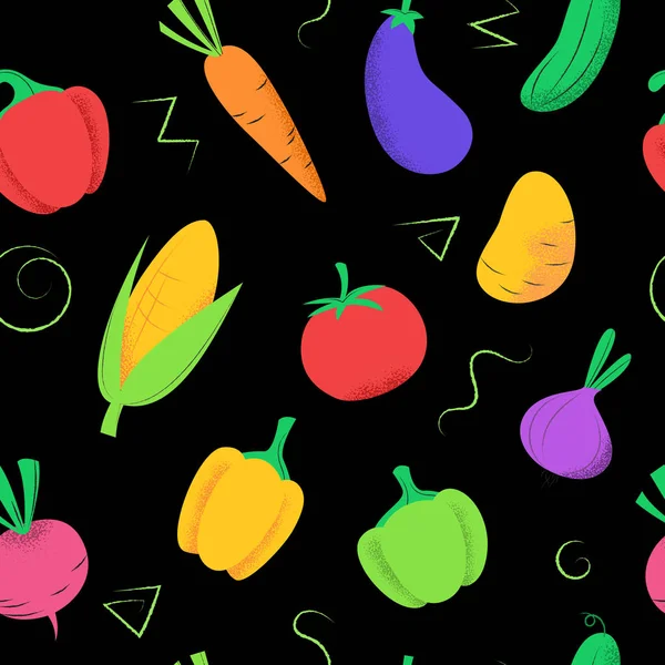 无缝图案与黑色彩色蔬菜 — 图库矢量图片