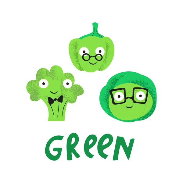 Verduras verdes personajes de dibujos animados en blanco — Vector de stock