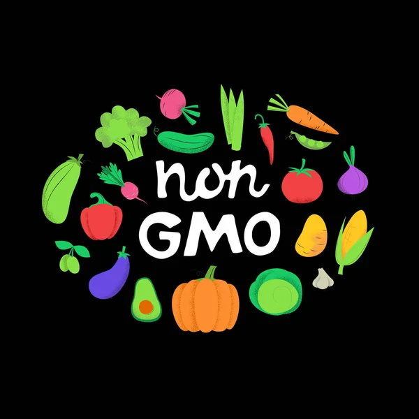 Bukan banner gmo dengan sayuran di latar belakang hitam - Stok Vektor