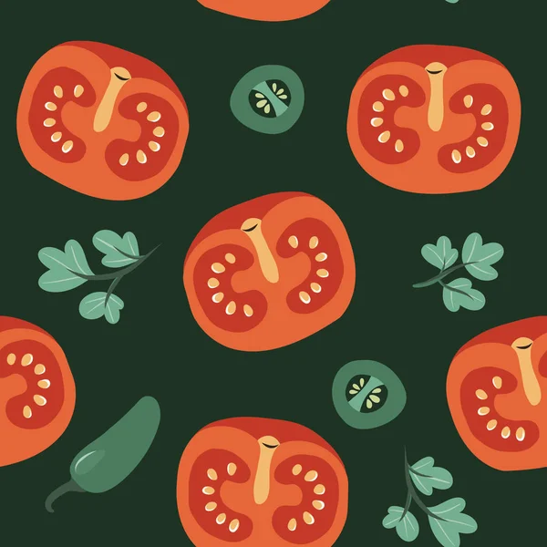 Vegetable seamless pattern with tomatoes peppers and parsley — Stock Vector