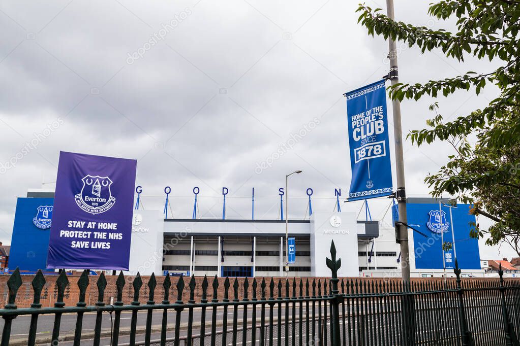 Goodison Park stadium (home of Everton FC) seen in June 2020 from the edge of Stanley Park.