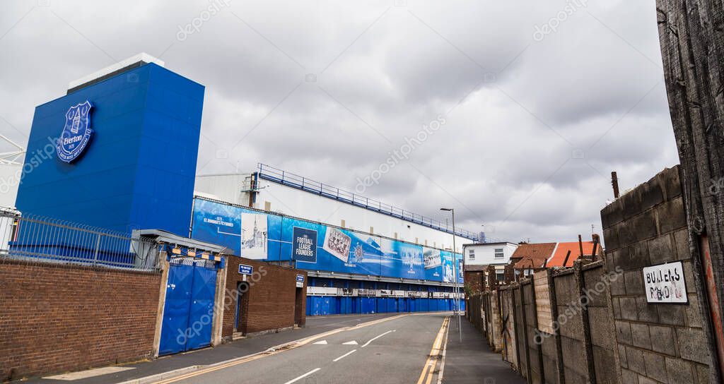 Bullens Road stand at Goodison Park (home of Everton FC) seen in Liverpool during June 2020.