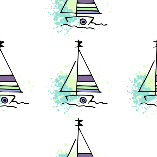 Childish pattern yachts silhouette on wave. — Stock Vector