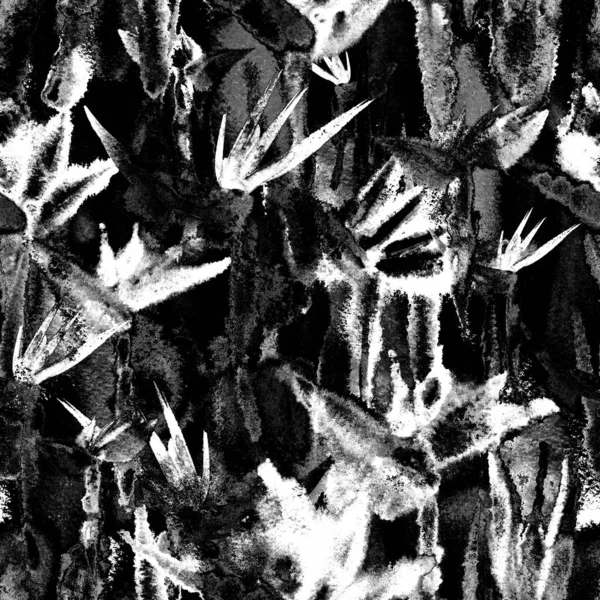 Черно-белые тропические джунгли бесшовный узор печати акварель галстук краской бесконечное повторение — стоковое фото
