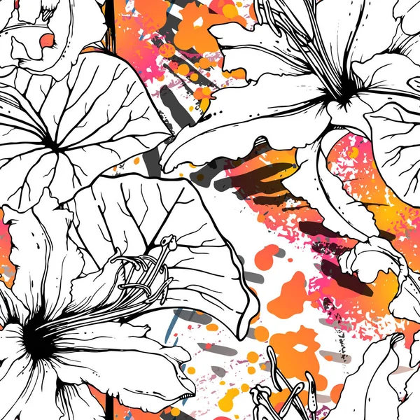 Blommigt svart vitt mönster. Modern akvarell — Stock vektor