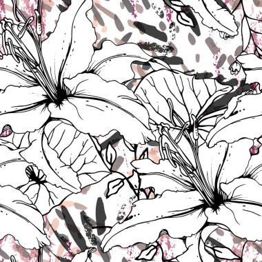 Çiçekli Siyah Beyaz Şablon. Modern Suluboya