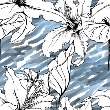 Çiçekli Siyah Beyaz Şablon. Modern Suluboya
