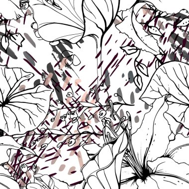 Çiçekli Siyah Beyaz Şablon. Modern Suluboya