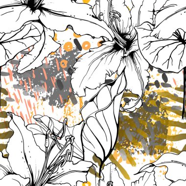 Çiçekli Siyah Beyaz Şablon. Modern Suluboya