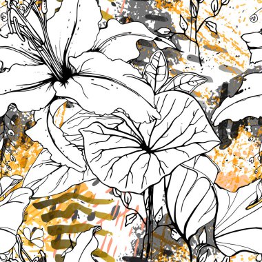 Çiçekli Siyah Beyaz Şablon. Modern Suluboya