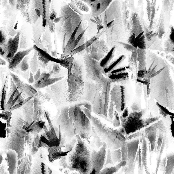 Blanco y negro selva tropical patrón sin costuras impresión acuarela corbata tinte repetición sin fin — Foto de Stock