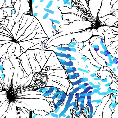 Çiçekli Siyah Beyaz Şablon. Modern Suluboya