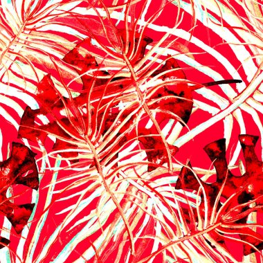 Tropik Yaprak. Kırmızı Modern Motif. Orman Yazdırma.