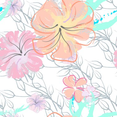 Pembe Çiçekler Çiçek Şablonu. Pastel Suluboya.